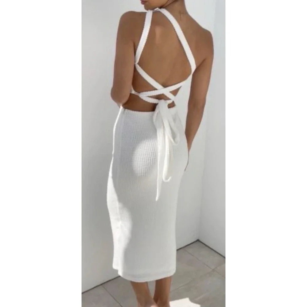 Sabo Strappy Backless Carolina Dress Small White NWT  Minimalist Resort Stretch